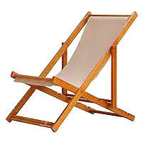 Espreguiçadeira Portátil de Madeira Maciça – Para Piscina, Sem Braço, Envernizada (Bege)