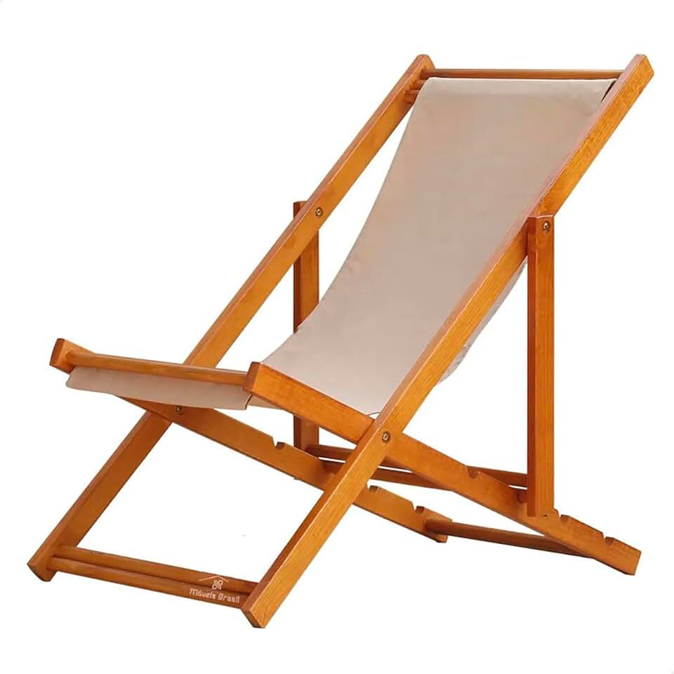 Espreguiçadeira Portátil de Madeira Maciça – Para Piscina, Sem Braço, Envernizada (Bege)