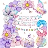 3rd Birthday Decorations for Girls, Threenager Birthdays Party Decoration Butterfly Birthdays Decorations Happy Bday Banner Pink and Purple Balloons 3 Year Old Birthday Decoration Girls