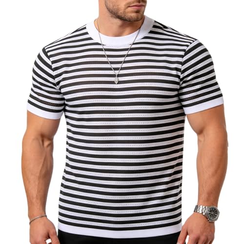 RESOOYO Mens Black and White Striped T-Shirt Breathable Short Sleeve Crewneck Pullover Casual Top-S