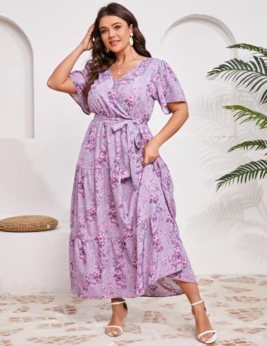 Image of ShopWonder Womens Plus Size V Neck Wrap Maxi Dress High Waist Ruffle Summer Casual Dress with Belt