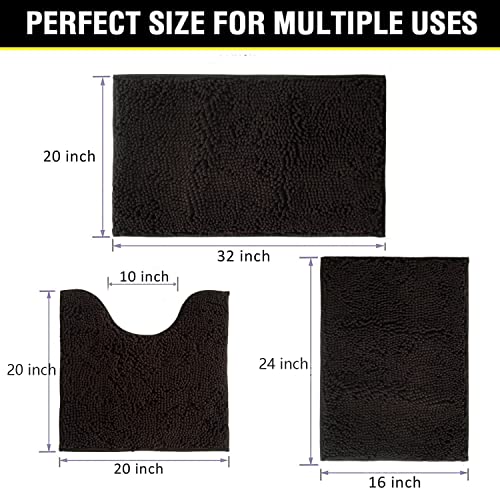 Image of Bathroom Rugs Chenille 3-Piece Extra Soft and Absorbent Shag Bathroom Rugs, Machine Wash Mat, Strong PVC Non-Slip Underside, Plush Carpet Mats (Coffee)