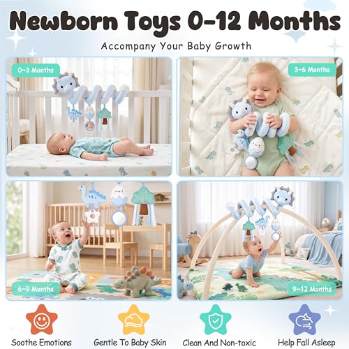 Image of Stuffed Dinosaur Spiral Car Seat Toys Hanging for Babies 0-3 3-6 6-12 Months, Plush Infant Stroller Toy with Silicone Teether, Crinkle and Squeaker, Soft Cute Shower Gifts for Newborn Boys Girls