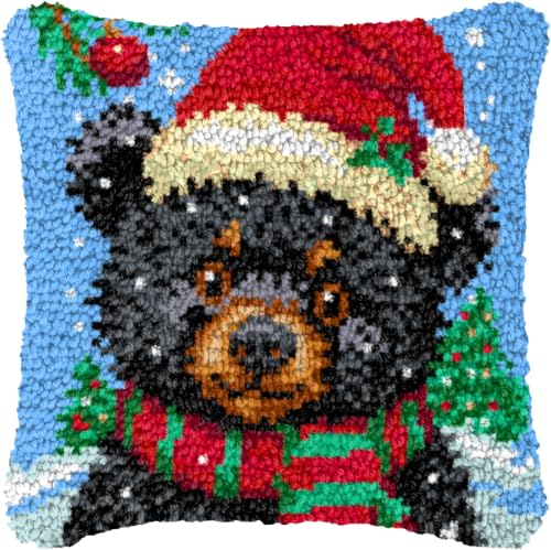 Image of Howie's Latch Hook Kit, DIY Christmas Bear Pillow Crochet Yarn Kits for Adults, Color Preprinted Pattern Embroidery Sofa Cushion Cover (Christmas Bear, 16.93 x 16.93 inch)