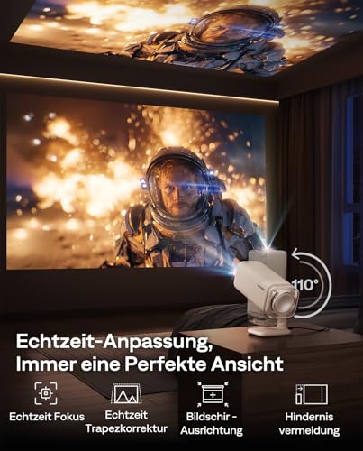 Aurzen Boom Air Mini Beamer mit Google TV&NetfIix, 4K Unterstützt, Aufladbar via USB-C, Smart Projektor - Dolby Audio, Beamer Outdoor mit WiFi & Bluetooth, TOF Autofokus, Drehbarer Ständer, Cremeweiß