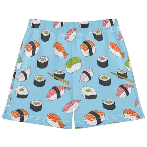 Girls Athletic Lounge Shorts Sushi Salmon Sky Blue Cute Comfy Animal Print Summer Pajama Sleepwear, X-Small