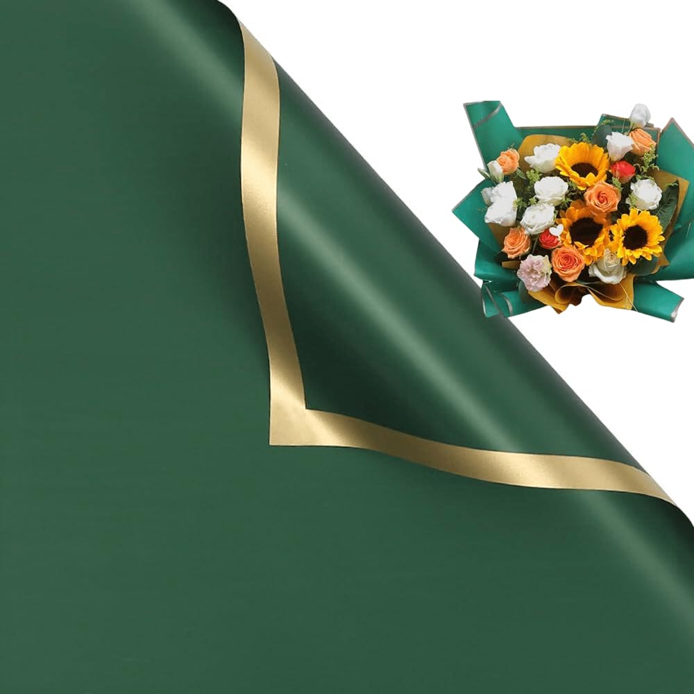 20 Counts Gold Edge Fresh Flowers Wrapping Paper,DIY Crafts，Gift Packaging or Gift Box Packaging,Waterproof Flower Wrapping paper 22.8X22.8 inches Florist Bouquet Supplies,Gold Edge (Retro Green) — image 1