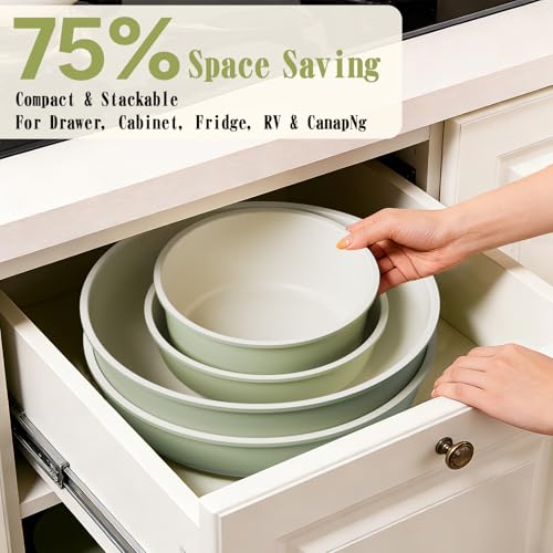 Image of Umite Chef Non Stick Pots and Pans Set, 21 Pcs Ceramic Kitchen Cookware Set with Detachable Handle, Nonstick Healthy Induction Cookware, Dishwasher RV Cookware Set, Oven Safe, Stackable, Sage Green