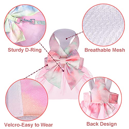 Image of HDKUW Dog Harness Dress with Leash Set,Sweet Colorful Bow Dog Dress Soft Tutu Vest Pet Clothes for Cats Puppy Small Dogs Pink L