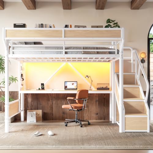 Image of Bellemave Queen loft Bed with Storage Stairs, Wardrobe, Shelves, Metal Queen Loft Bed Frame for Adults, Kids, Teens, White+Natural Wood with Stairs