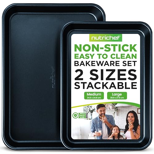Nutrichef Non-Stick Cookie Tray Set- 2-Piece, Easy Clean, Stackable Cookie Sheets, Dishwasher Safe, Oven Safe, PFOA Free, Non-Toxic Bakeware, Perfect for Baking & Roasting- Blue