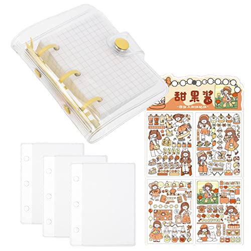Mini 3 agujeros de carpeta barata cuaderno tapa de cuaderno de carpeta de PVC transparente, con 80 páginas de malla interna, 3 bolsas de almacenamiento y 4 pegatinas washi
