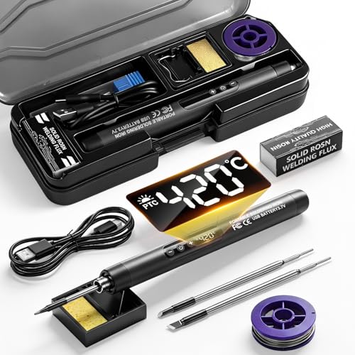 USB-C Cordless Soldering Iron Kit Rechargeable & Fast Heating LCD Digital Display with Adjustable Temperature 260C-420C 3 Tips & Solder Wire Portable for Electronics Repair DIY Projects Grey