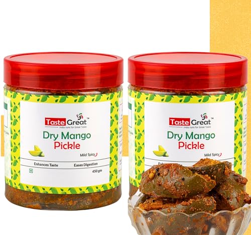Image of Taste Great Dry Stuffed Mango Pickle 900g (450g X 2)- Pk of 2 I Homemade Bharua Spicy Aam ka Achar I Long Cut Mango pieces stuffed with roasted masalas I Made with Bihar UP style recipe I Special sealed jar for no oil leak