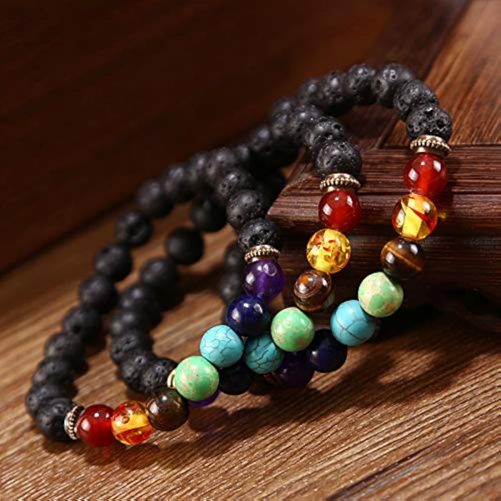 Crystal Chakra Bracelet Set - 7 Stone Beads With Volcanic Lava, 2 Pcs, Elastic - View #5