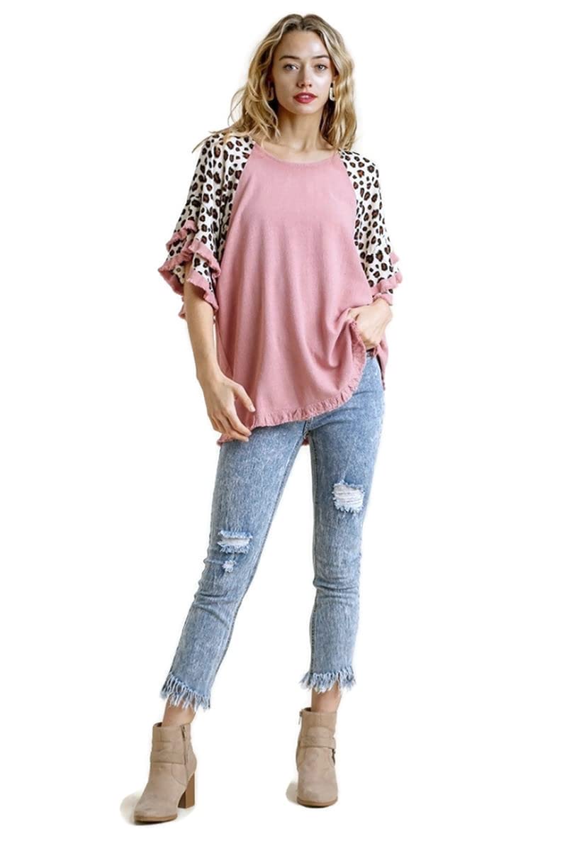 UmgeeWomen's Leopard Frayed Bell Sleeve Tunic Top