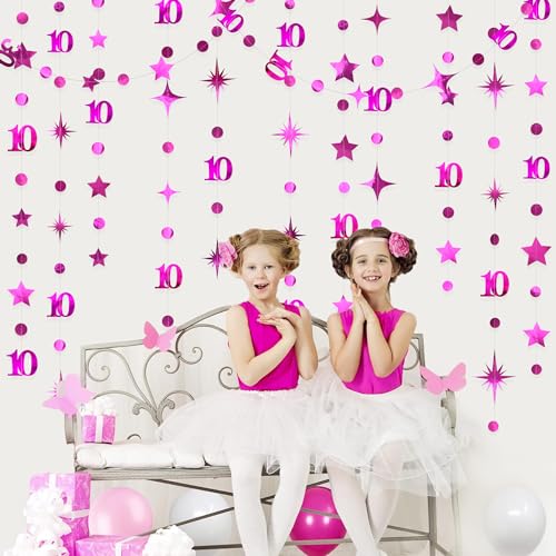 Image of Hot Pink 10th Birthday Decorations Number 10 Circle Dot Twinkle Star Garland Metallic Hanging Streamer Banner Backdrop for Girls Double Digits Ten Year Old Birthday 10th Anniversary Party Supplies