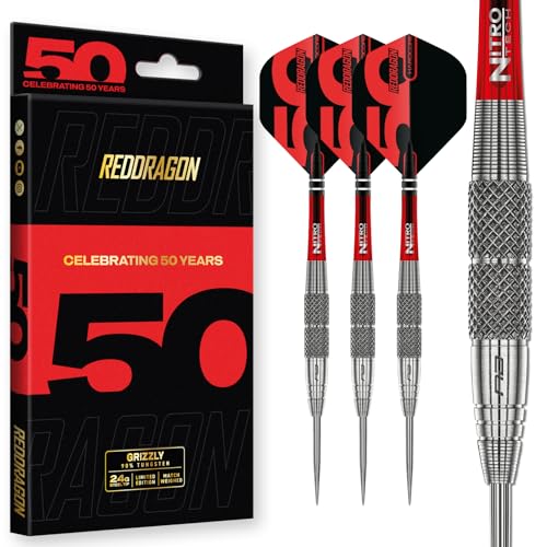 RED DRAGON Darts - 50 Jahresklassiker-Kollektion - Grizzly 2-25g - 90% Wolfram - Professionelles dartpfeile metallspitze Satz - Enthält Steeldarts Pfeile Flüge und Dart Schäfte