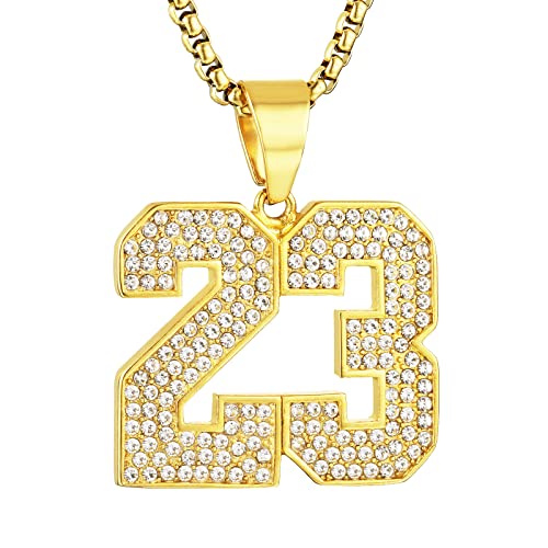 AsAlways 18K Gold Plated Cubic Zirconia Number 23 Basketball Pendant Necklace Men Women Stainless Steel Box Link Chain 22+2 Inch