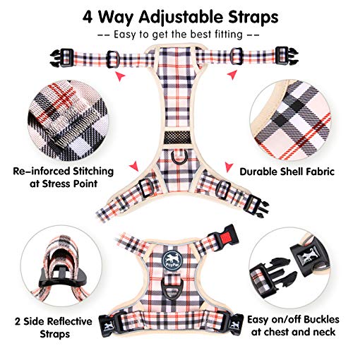 Poypet Plaid Dog Harness, No Pull Front Clip Pet Vest Harness, Soft Padded Reflective Adjustable Walking Harness With Handle For Large Medium Small Dogs(Checkered Beige,L) #TOP2