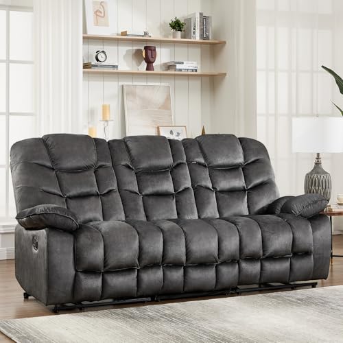 Image of HAOMARKETS 3 Seat Manual Reclining Sofa, Soft Fabric Recliner Couch with Padded Headrest and Armrests, 85 inch Wide Overstuffed 3-Seater Recliner Couches for Living Room, Grey