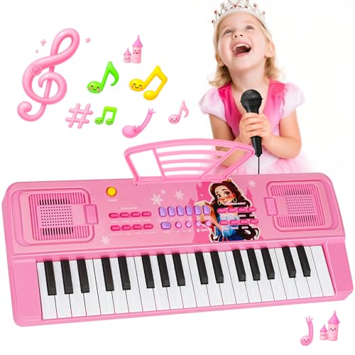 Kinder Keyboard Klavier mit Mikrofon Notenständer, 37 Tasten Tragbare Elektronische Kinderklavier Musik Spielzeug ab 3 4 5 6 Jahren, Geburtstag Weihnachten Geschenke für Jungen/Mädchen, Rosa