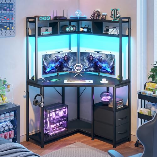 Image of DurayLoly 63 inch Triangular Corner Desk with Hutch,Ample Storage for Small Room,Spacious 36 inch W Desktop,2 Fabric Drawers and Bottom Wooden Shelves,Versatile Computer Desk that Meets All Your Needs,Black