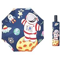 ED-Lumos Pocket Umbrellas for Kids Manual Open and Close Windproof Rainproof Lightweight Compact Parasol Cartoon Blue Space Astronaut Design