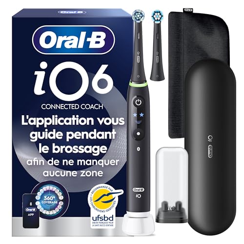 Oral-B Brosse à Dents Electrique iO 6 avec 2 Brossettes de Rechange, Noire – 5 Modes de Brossage dont Blancheur et Soin des Gencives, Capteur de Pression,...