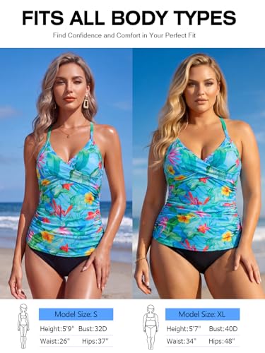 Image of RELELCIGA Women's Tankini Top V Neck Ruched Tummy Control Bathing Suit Top