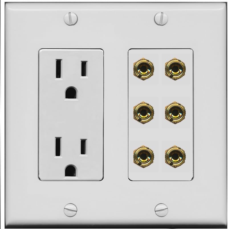 RiteAV 6 Banana 3 Speaker Surround Female Coupler Binding Post Wall Plate - Outlet [Gray/Gray]