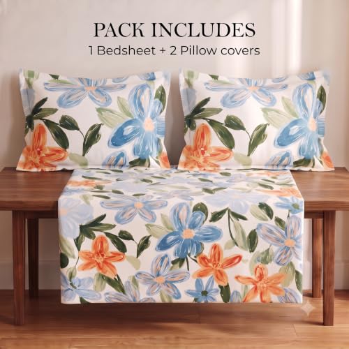 Image of BSB HOME 240 TC Cotton Double Bedsheet with 2 Pillow Covers,Soft & Breathable Floral Print Bed Sheet,Fade Resistant,Easy Care Bedding Set,90 x 100 Inches(228 x 254 cm)-Terracotta & Periwinkle Floral