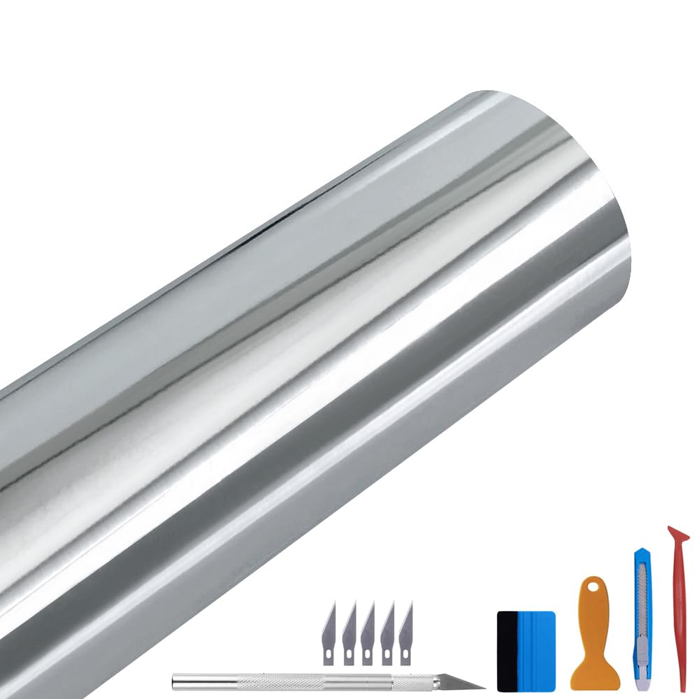 NewL Film Vinyle Chromé Brillant Argenté Autocollant pour Voiture,100x300cm | Finition chromée effet miroir, outil inclus, canaux anti-bulles, extensible, adapté aux voitures, motos, meubles et casques