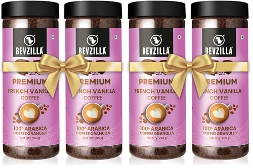 Image of Bevzilla Vanilla Flavoured Instant Coffee Powder Jar - 800 Gram(200g Pack of 4) | Make 100 Cups | Arabica Coffee | Best for Espresso, Latte & Cappucino | Hot & Cold Brew