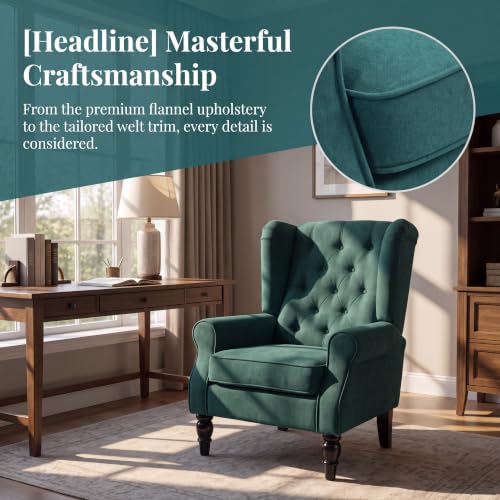 Image of Tufted Wingback Accent Manual Single Lounge Recliner Chair, Green | Tufted Wingback Accent Chair, Upholstered Single Lounge Chair with Solid Wood Legs