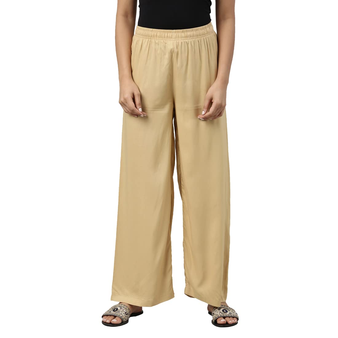 GO COLORS Women's Solid Woven Viscose Mid Rise Basic Relaxed Fit Palazzos