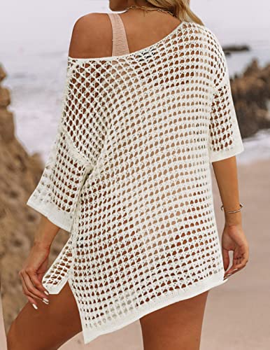 Zesica Women's 2023 Summer Crochet Swimsuit Cover Ups Short Sleeve Mesh Hollow Out Beach Bikini Oversised Tunic Tops,Apricot,Medium #TOP2