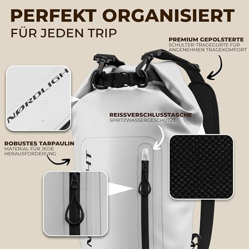 Nordlight Dry Bag wasserdichte Tasche mit Handyhülle + Roll-Top, Schultergurt | Drybag wasserfester Rucksack Beutel Packsack Seesack Wassersack Wetbag | Baden Schwimmen Strand SUP – Weiß, 10 Liter