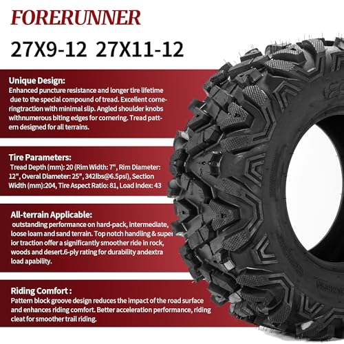 Image of FORERUNNER 27x11-12 ATV Tires, All Terrain ATLAS (Pack of 2, Tubeless) | FORERUNNER 6PR 27x11-12 ATV UTV Trail Sand Mud Off-Road Tires