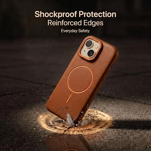 Image of amazon basics Luxury MagSafe Compatible Leather Texture Back Cover for iPhone 13 | Raised Camera Protection | Slim Fit Shockproof Case with Metallic Accents (Orange)