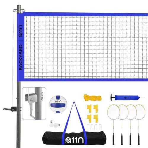 Image of A11N SPORTS Outdoor Volleyball and Badminton Combo Set - Includes Adjustable Height Anti-Sag Net, Volleyball, Air Pump, 4 Badminton Rackets, 2 Shuttlecocks, Boundary Line Marker, and Carrying Bag