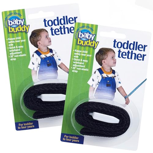 Baby Buddy Toddler Tether, Child Safety Leash, Toddler Travel Essential, Child and Baby Tether Strap for Walking, Safety Walking Guide for Children and Parents, Black, 2 Count