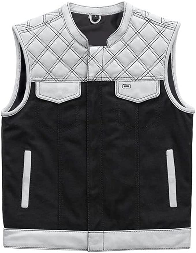 Mens Western Denim Leather Motorcycle Combo Club Collar Vest with White Stitching Light Weight