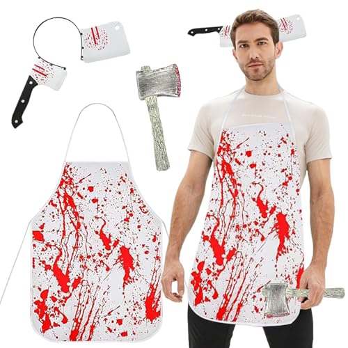Gigquake Disfraz de Carnicero de Halloween, Sangriento Carnicero Disfraces Disfraz Halloween Hombre Adulto Diadema Cuchillo Falsos Hacha Halloween Delantal Pegatinas Tatuajes Cosplay
