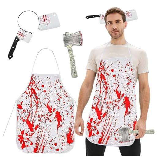 Gigquake Disfraz de Carnicero de Halloween, Sangriento Carnicero Disfraces Disfraz Halloween Hombre Adulto Diadema Cuchillo Falsos Hacha Halloween Delantal Pegatinas Tatuajes Cosplay