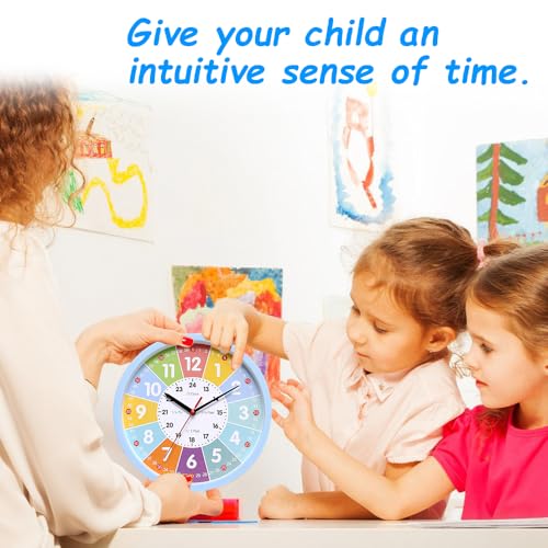 Calenxy Wanduhr für Kinder, 25 cm Analoge Kinderuhr ohne Tick Geräusche mit lautlosem Lernuhr zum Lernen der Uhrzeit Uhrwerk Kinderuhr der Uhrzei Deko Wand Uhr Kinderzimmer Lautlos für Mädchen Jungen