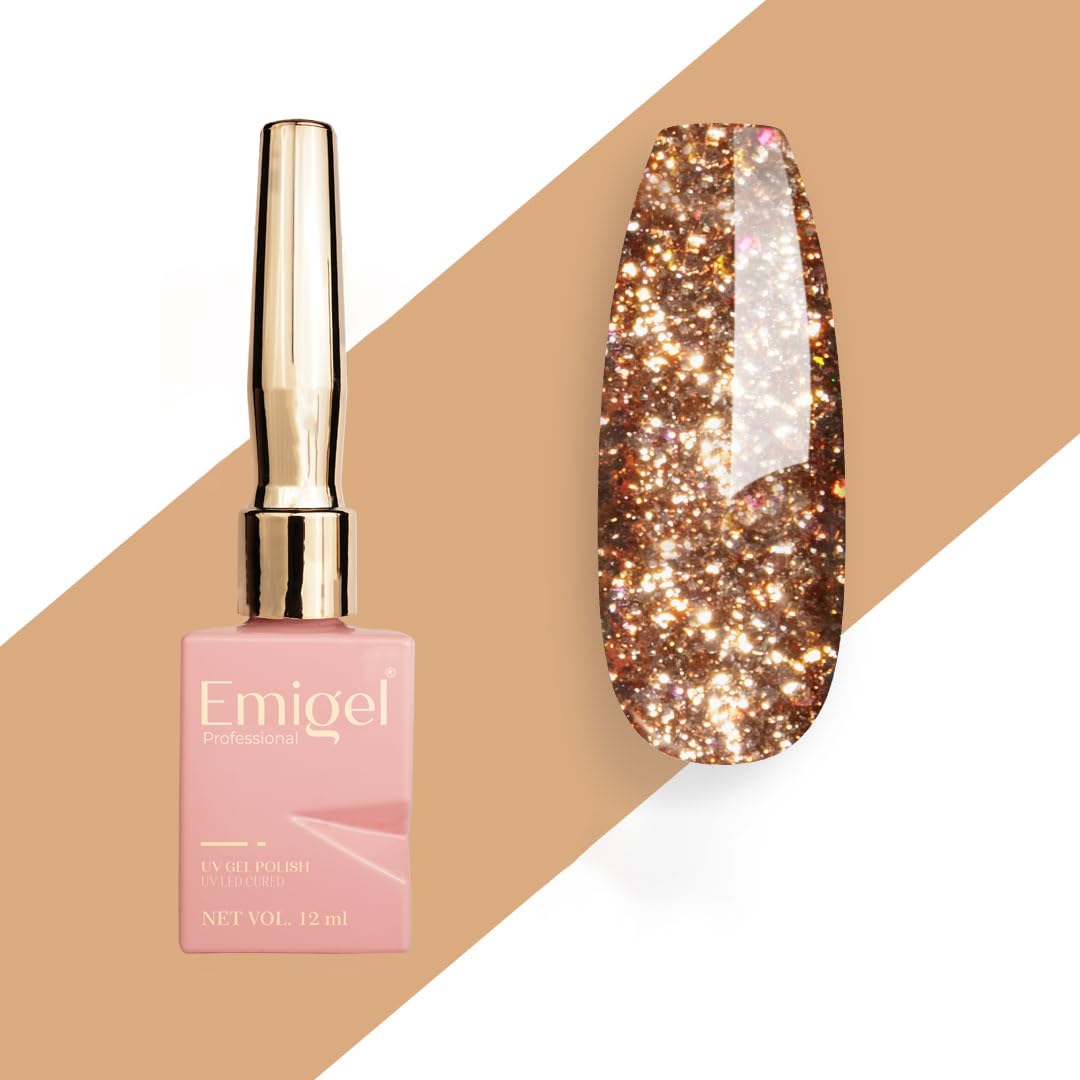Emigel Professional UV Gel Polish COPPER ROSE GLITTER,- E043 | Cured With UV LED Lamp | Super Glossy Finish |Quick Drying Nail Polish (12ml)-picture-22