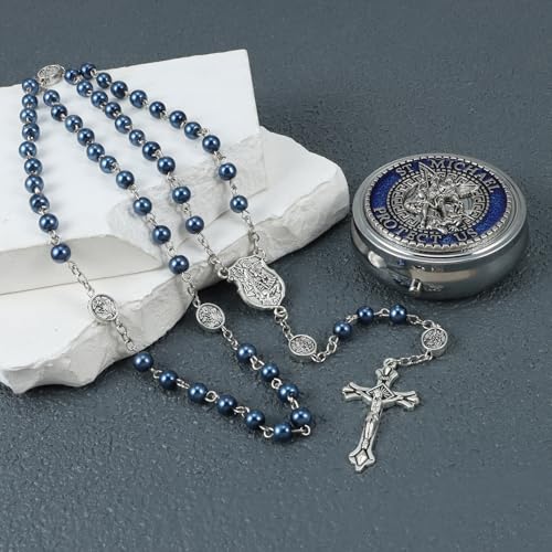 6mm Glass Pearl Rosary Beads Catholic for Women, Virgin Mary Our Lady of Guadalupe Medal, Hematite Stone Saint Benedict Rosary, Bead Necklace First Communion Gifts with Metal Gift Box2