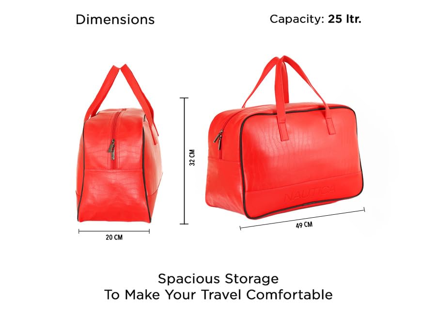 Image of Nautica Unisex 25L PU Duffle Bag for Travel | Stylish Leatherette Cabin Luggage with Smooth Zippers | Compact, Comfortable & Spacious for Weekend Trips, Gym & Everyday Use | RED