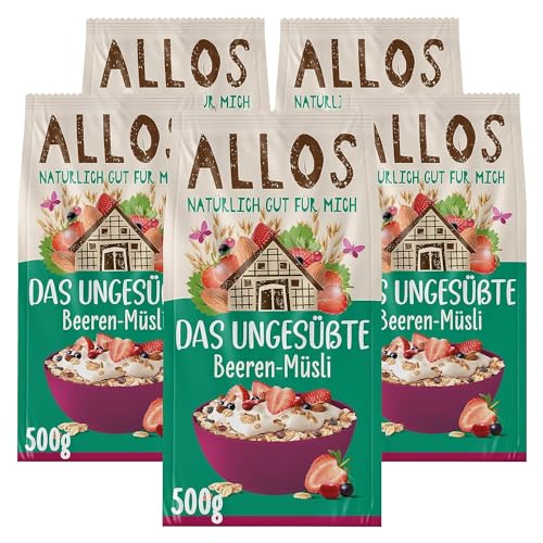 Allos Das Ungesüßte Beeren-Müsli | Bio Müsli | Getrocknete Beeren Müsli | Haferflocken | Frühstückscerealien | vegan | 5er Pack (5 x 500g), 1 Stück (5er Pack)